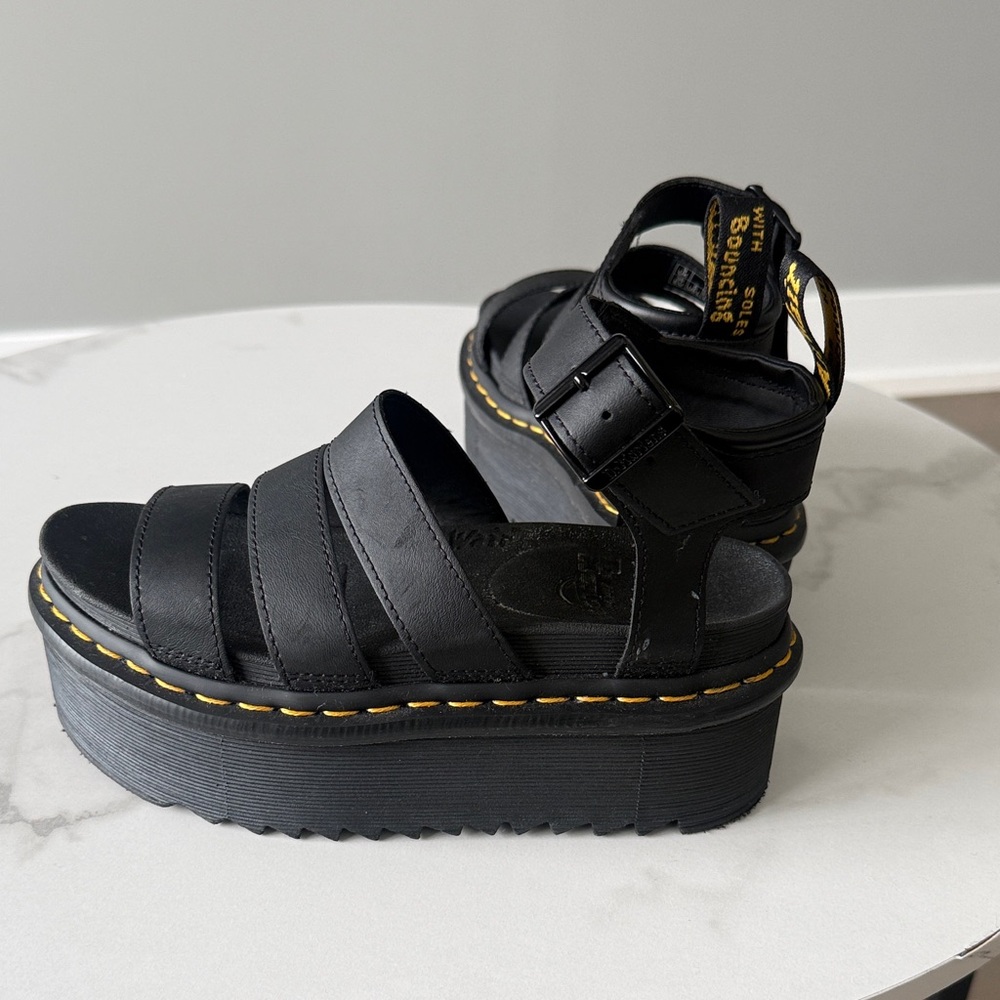 Dr. Martens Black Platform Strappy Sandals with Yellow Stitching